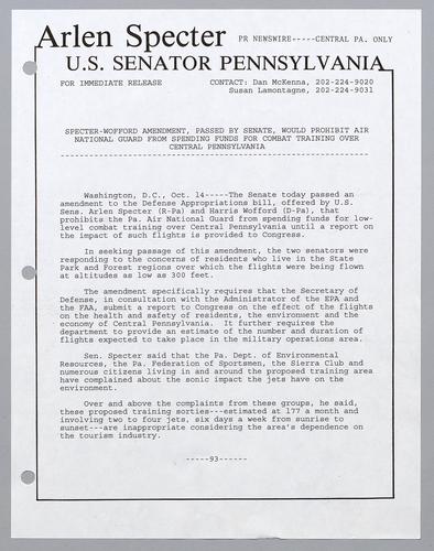 Specter-Wofford amendment, passed by the Senate, would prohibit air national guard from spending funds for combat training over central Pennsylvania