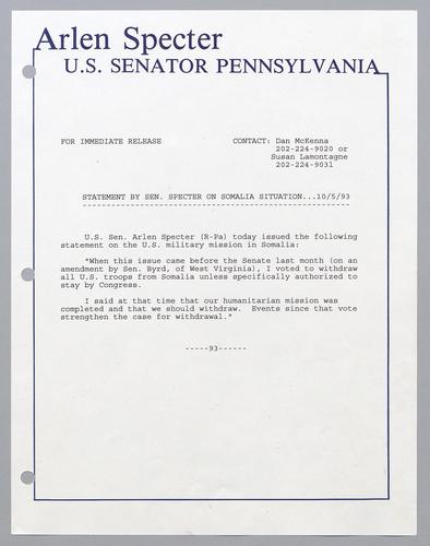 Statement by Senator Specter on Somalia situation
