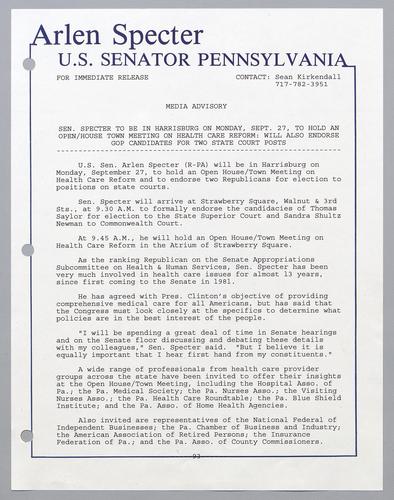 Senator Specter to be in Harrisburg on Monday, September 27, to hold an open house/town hall meeting on health care reform; will also endorse GOP candidates for two state court posts