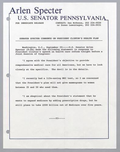 Senator Specter comments on President Clinton's health plan