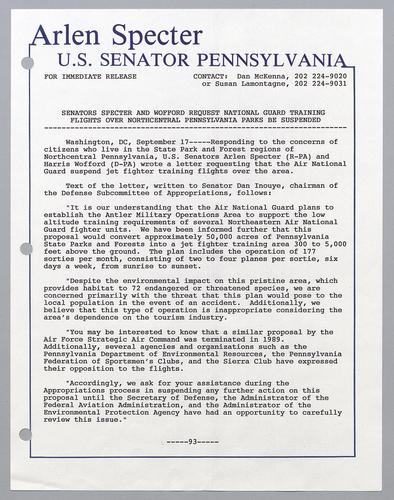 Senators Specter and Wofford request National Guard training flights over northcentral Pennsylvania parks be suspended