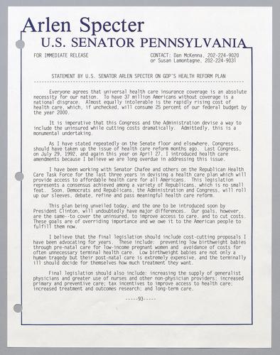 Statement by Senator Arlen Specter on GOP's health reform plan