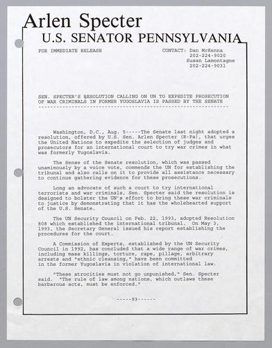 Senator Specter's resolution calling on UN to expedite prosecution of war criminals in former Yugoslavia is passed by the Senate