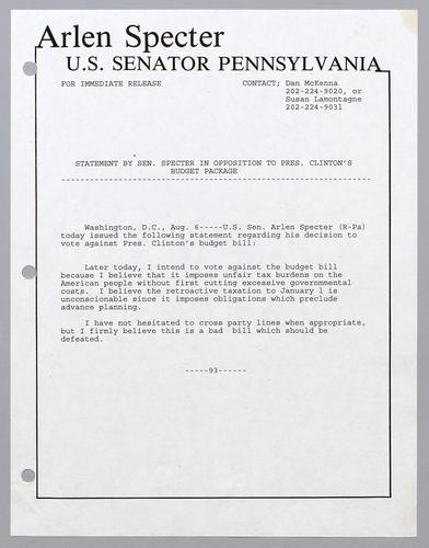 Statement by Senator Specter in opposition to President Clinton's budget package