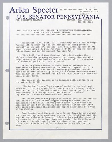 Senator Specter joins Senator Sasser in introducing legislation to create a police corps. program