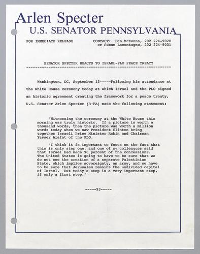 Senator Specter reacts to Israel-PLO peace treaty