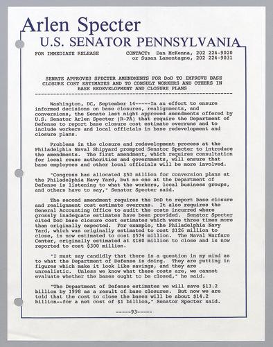 Senate approves Specter amendments for DOD to improve base closure cost estimates and to consult workers and others in base redevelopment and closure plans