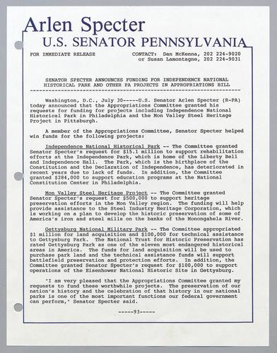 Senator Specter announces funding for Independence National Historical Park and other PA projects in appropriations bill
