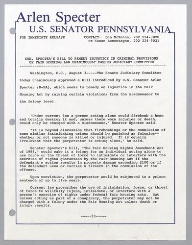 Senator Specter's bill to remedy injustice in criminal provisions of fair housing law unanimously passes Judiciary Committee