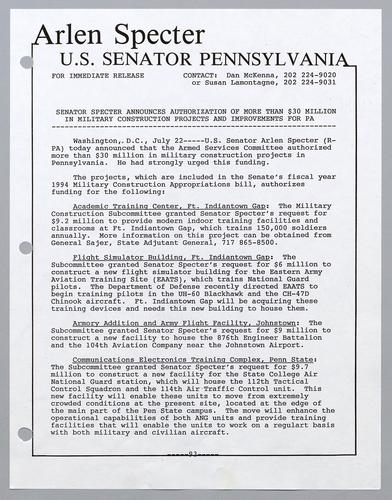 Senator Specter announces authorization of more than $30 million in military construction projects and improvements for PA