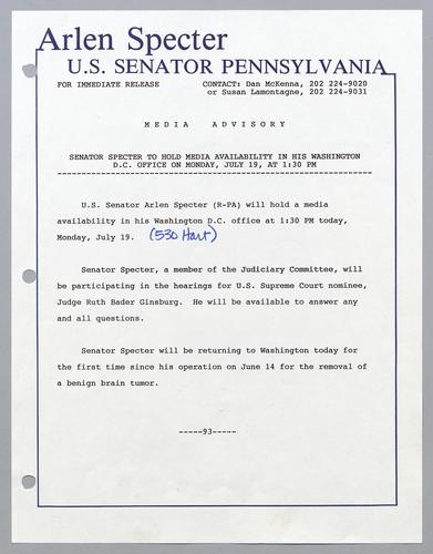 Senator Specter to hold media availability in his Washington, D.C., office on Monday, July 19, at 1:30 pm