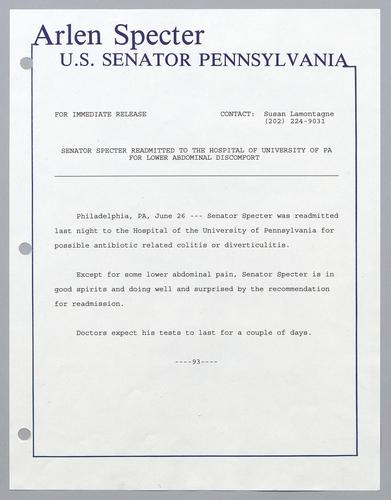 Senator Specter readmitted to the hospital of University of PA for lower abdominal discomfort