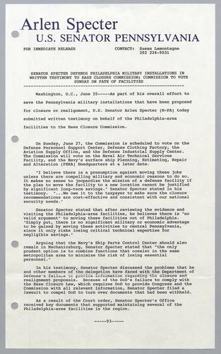 Senator Specter defends Philadelphia military installations in written testimony to Base Closure Commission; Commission to vote Sunday on fate of facilities