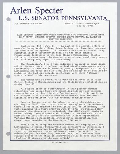 Base Closure Commission votes unanimously to preserve Letterkenny Army Depot; Senator Specter defends south central PA bases in written testimony