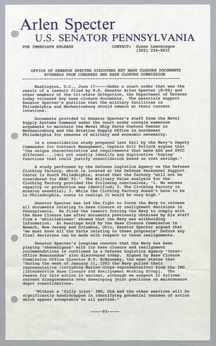 Office of Senator Specter discovers key base closure documents withheld from Congress and Base Closure Commission