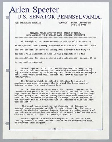 Senator Arlen Specter wins court victory; Navy ordered to disclose base closure documents