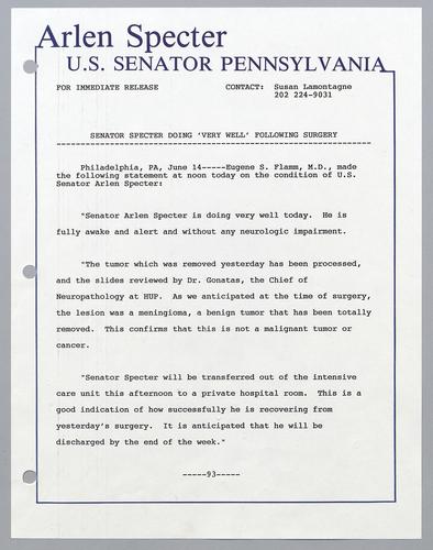 Senator Specter doing "very well" following surgery