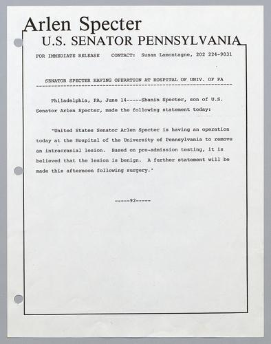 Senator Specter having operation at hospital of University of Pennsylvania