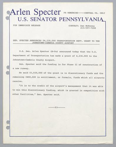 Senator Specter announces $4,230,000 Transportation Department grant to the Johnstown-Cambria County Airport
