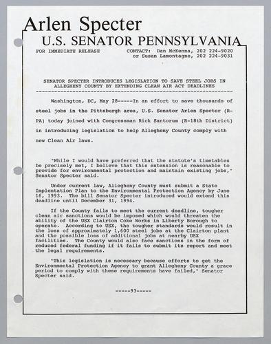 Senator Specter introduces legislation to save steel jobs in Allegheny County by extending Clean Air Act deadlines