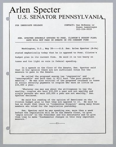 Senator Specter strongly opposed to President Clinton's budget plan; says will not pass in Senate in its current form