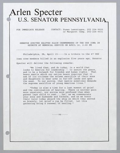 Senator Specter salutes slain crew members of the U.S.S. Iowa in keynote at memorial service on April 16, at 2:00 pm