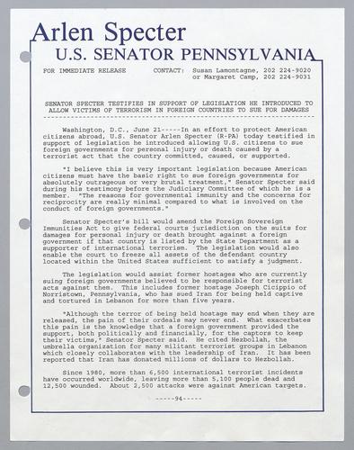 Senator Specter testifies in support of legislation he introduced to allow victims of terrorism in foreign countries to sue for damages