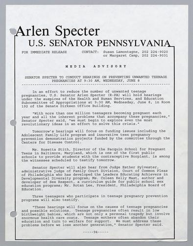 Senator Specter to conduct hearings on preventing unwanted teenage pregnancies at 9:30 am, Wednesday, June 8