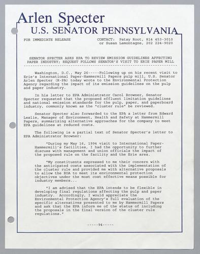 Senator Specter asks EPA to review emission guidelines affecting paper industry; request follows Senator's visit to Erie paper mill
