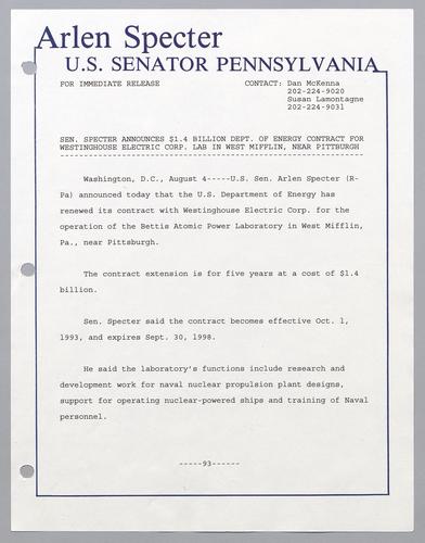 Senator Specter announces $1.4 billion Department of Energy contract for Westinghouse Electric Corp. lab in West Mifflin, near Pittsburgh