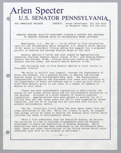 Senator Specter solicits President Clinton's support for proposal to destroy Russian ships at Philadelphia Naval Shipyard