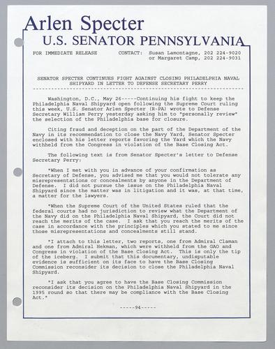 Senator Specter continues to fight against closing Philadelphia Naval Shipyard in letter to Defense Secretary Perry