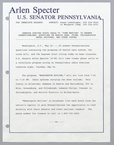 Senator Specter hosts cable TV "town meeting" to answer Pennsylvanians' questions on health care, crime, Philadelphia Naval Shipyard, and other issues