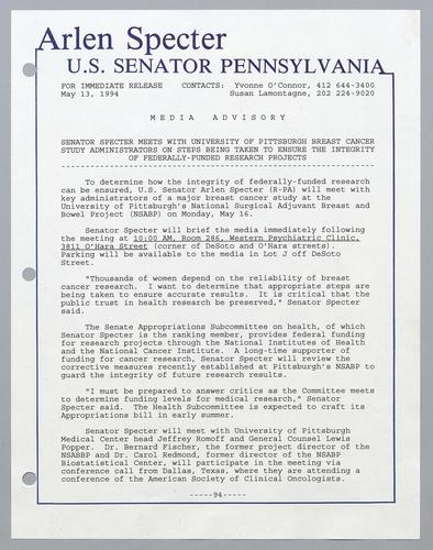 Senator Specter meets with University of Pittsburgh breast cancer study administrators on steps being taken to ensure the integrity of federally-funded research projects