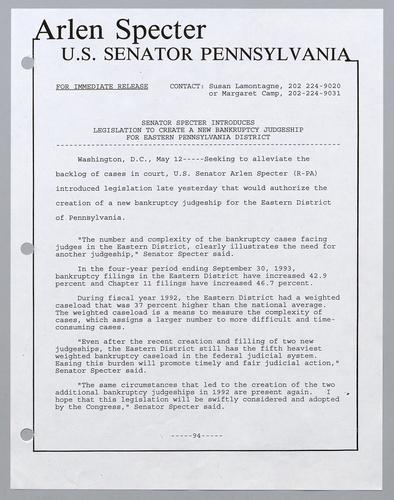Senator Specter introduces legislation to create a new bankruptcy judgeship for Eastern Pennsylvania District