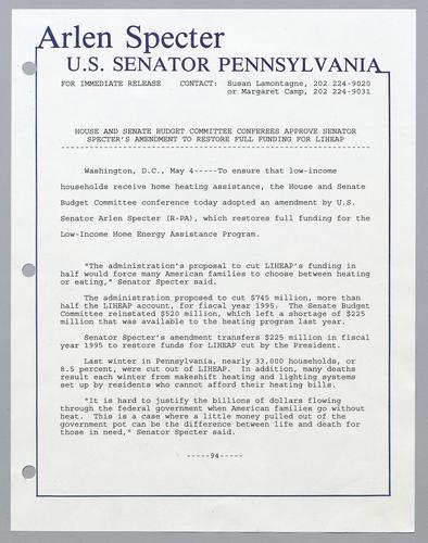 House and Senate budget committee conferees approve Senator Specter's amendment to restore full funding for LIHEAP