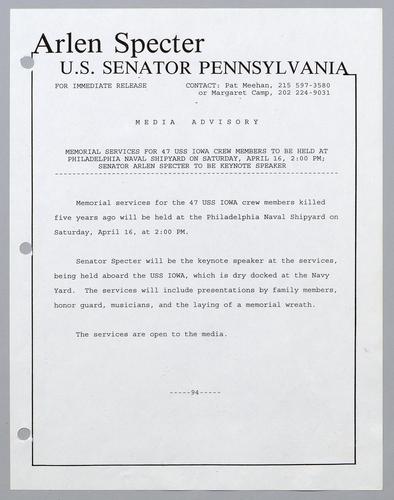 Memorial services for 47 U.S.S. Iowa crew members to be held at Philadelphia Naval Shipyard on Saturday, April 16, at 2:00 pm; Senator Arlen Specter to be keynote speaker