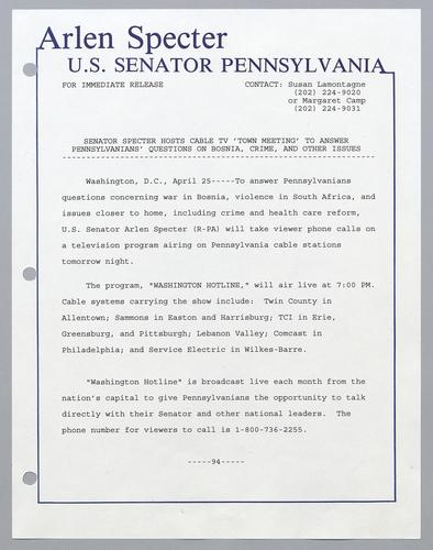 Senator Specter hosts cable TV "town meeting" to answer Pennsylvanians' questions on Bosnia, crime, and other issues