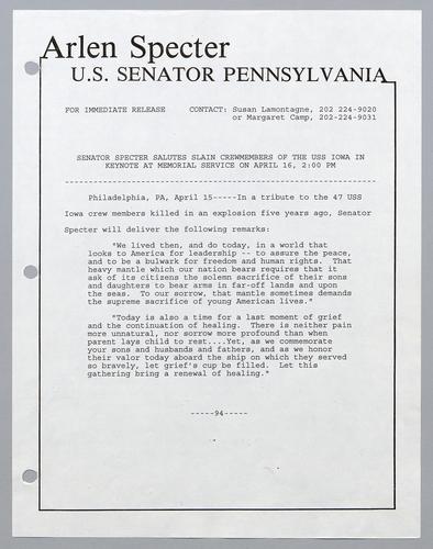 Senator Specter salutes crewmembers of the U.S.S. Iowa in keynote at memorial service on April 16, 2:00 pm