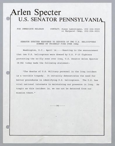 Senator Specter responds to reports of two U.S. helicopters downed by friendly fire over Iraq