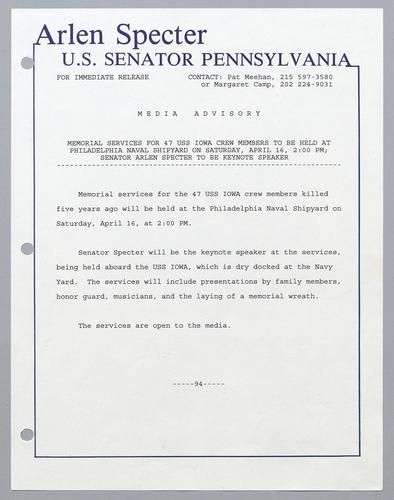 Memorial services for 47 U.S.S. Iowa crew members to be held at Philadelphia Naval Shipyard on Saturday, April 16, 2:00 pm; Senator Arlen Specter to be keynote speaker