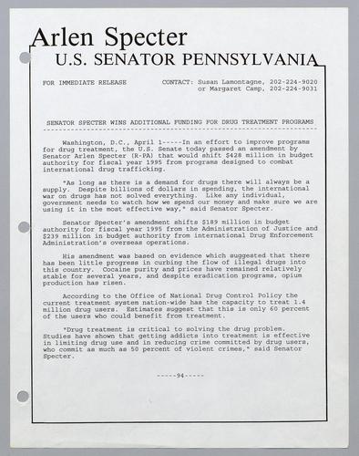 Senator Specter wins additional funding for drug treatment programs