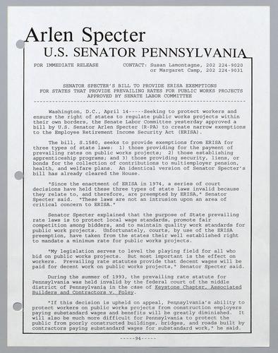 Senator Specter's bill to provide ERISA exemptions for states that provide prevailing rates for public works projects approved by Senate Labor Committee