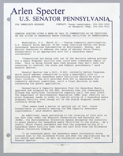 Senator Specter give a wake-up call to communities as he testifies on the siting of hazardous waste disposal facilities in Pennsylvania