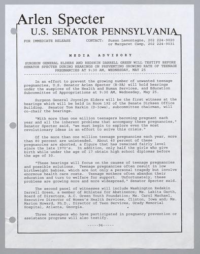 Surgeon General Elders and Redskin Darrell Green will testify before Senator Specter during hearings on preventing growing rate of teenage pregnancies at 9:30 am, Wednesday, May 25
