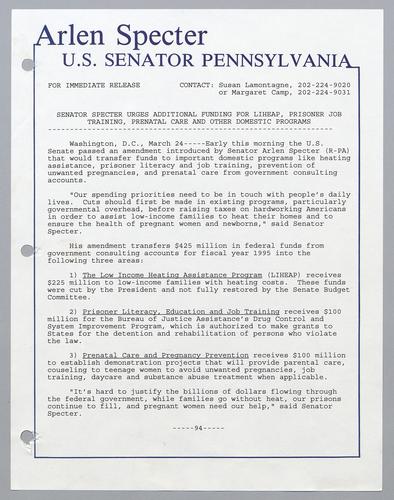 Senator Specter urges additional funding for LIHEAP, prisoner job training, prenatal care and other domestic programs