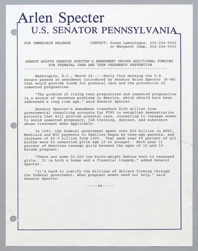 Senate adopts Senator Specter's amendment urging additional funding for parental care and teen pregnancy prevention