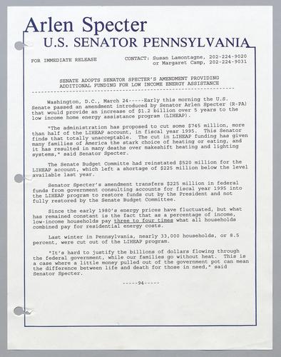 Senate adopts Senator Specters amendment providing additional funding for low income energy assistance