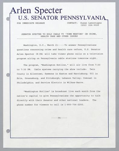 Senator Specter to hold cable TV "town meeting" on crime, health care, and other issues