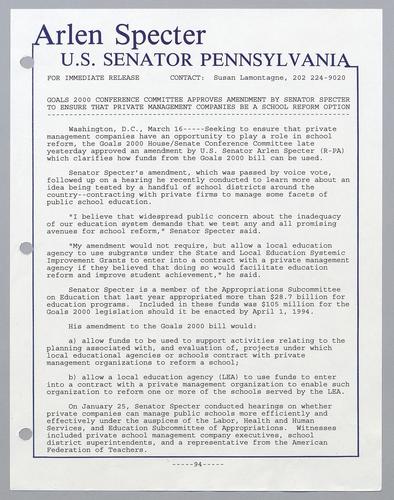 Goals 2000 conference committee approves amendment by Senator Specter to ensure that private management companies be a school reform option